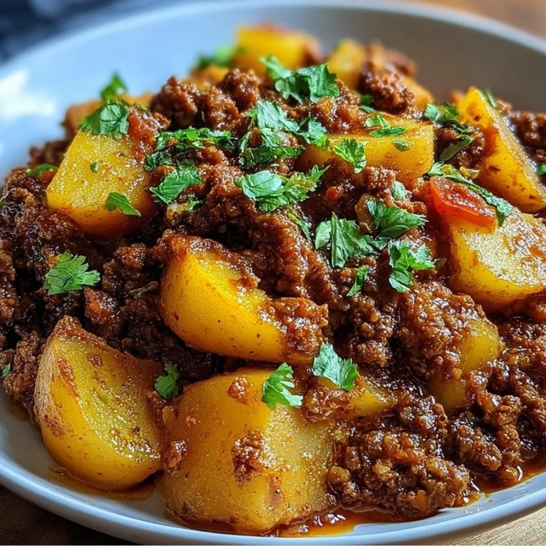Delicious Potato Mince dish served with herbs and spices