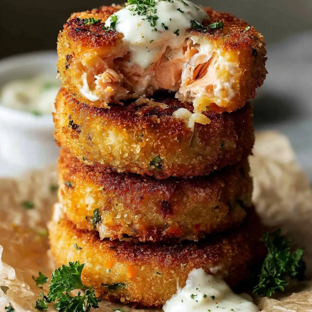 Delicious homemade salmon croquettes served with dipping sauce