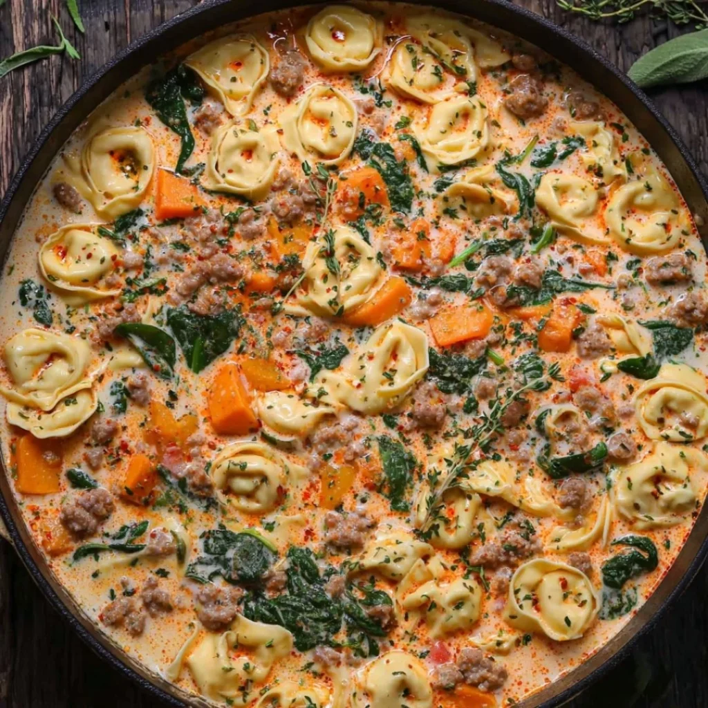 Bowl of Sausage Tortellini Soup with Spinach garnished with herbs
