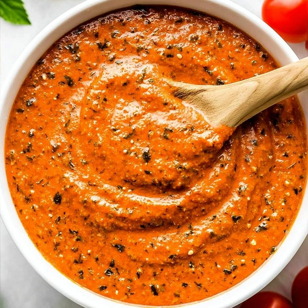 Sicilian Tomato Pesto served in a bowl with fresh ingredients around it