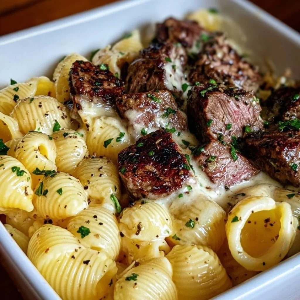 Steak bites with shell pasta in garlic butter Alfredo sauce on a plate