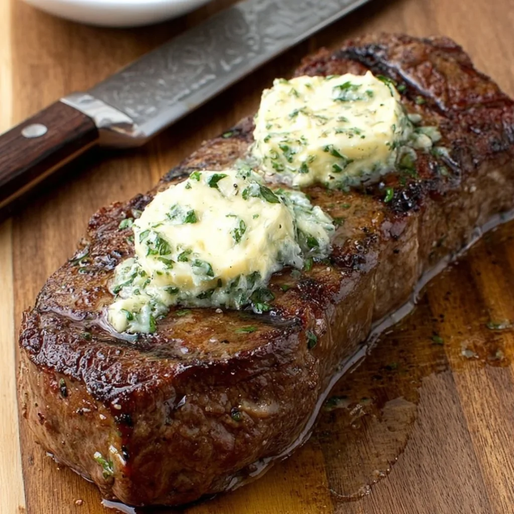 Delicious steak butter melting over a perfectly grilled steak.
