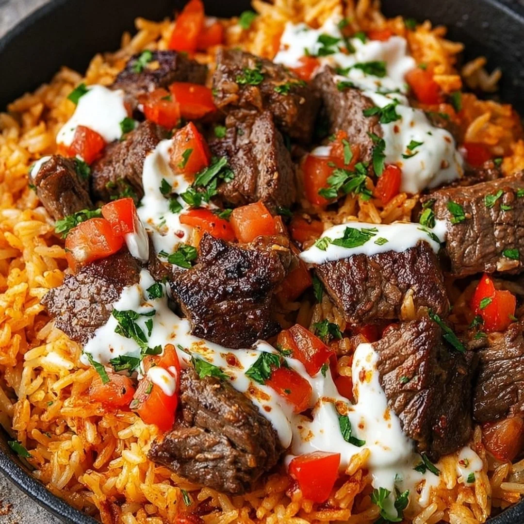 Delicious Steak Queso Rice served in a bowl with fresh toppings