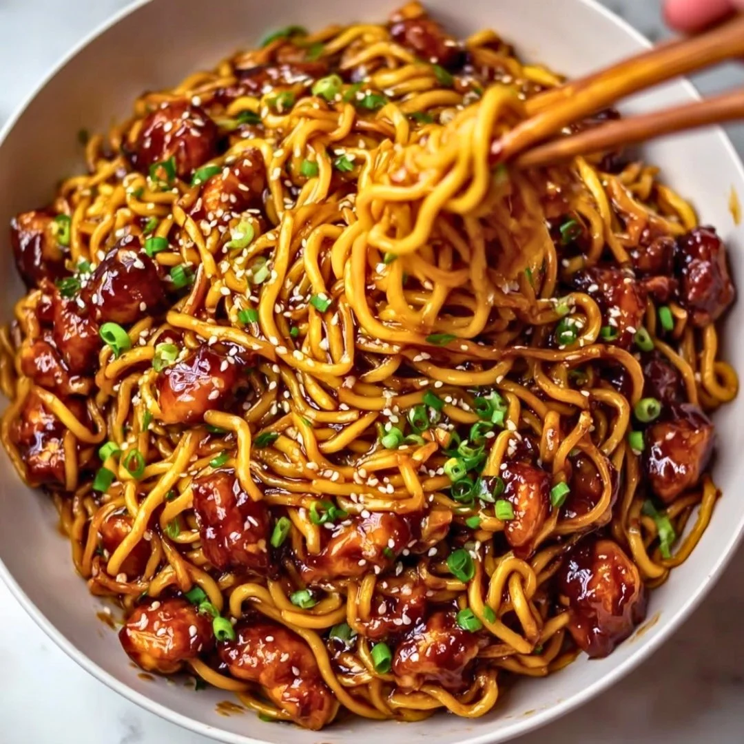 Sticky garlic chicken noodles topped with herbs and served in a bowl.