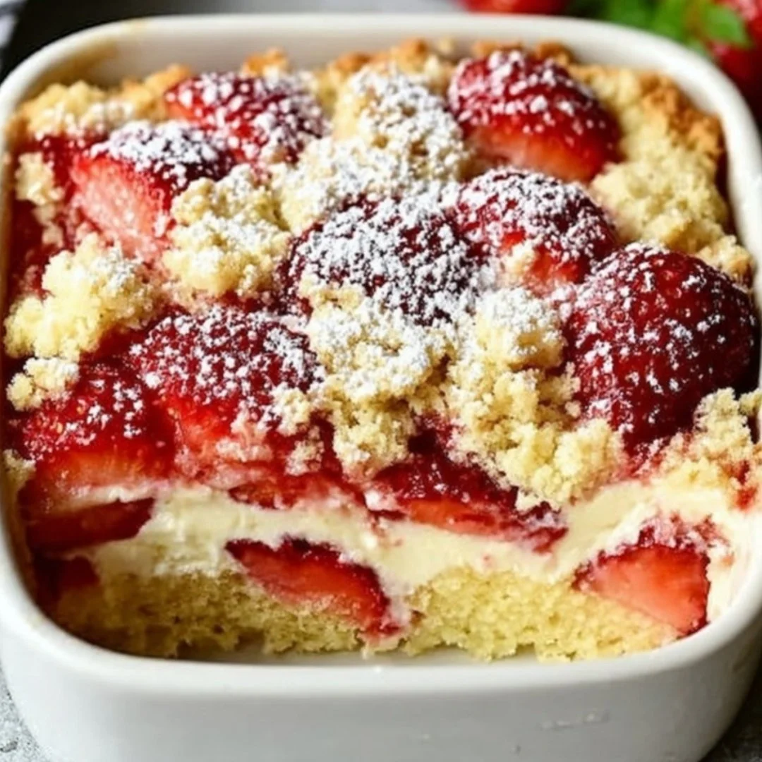 Delicious strawberry cheesecake dump cake topped with fresh strawberries