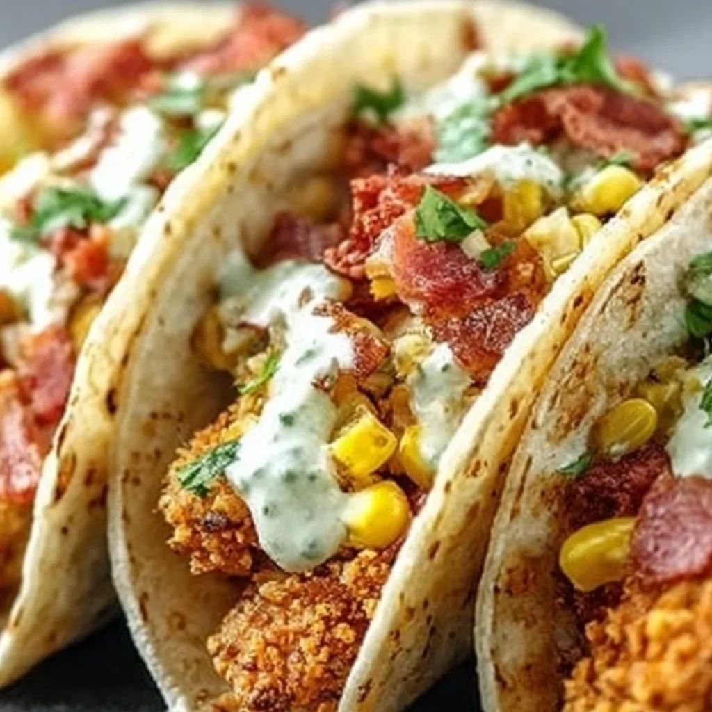 Delicious street corn chicken tacos garnished with fresh herbs and spices