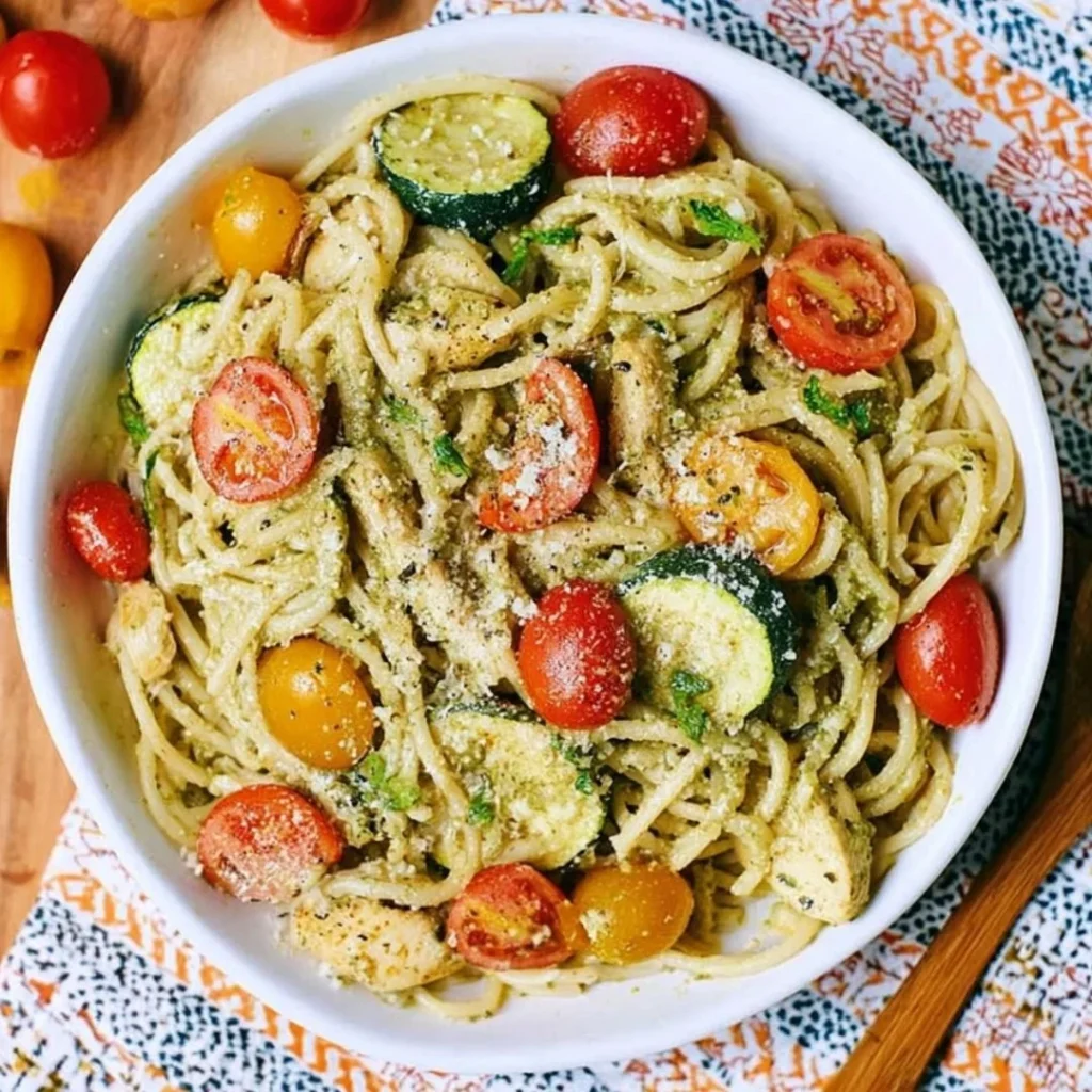 Delicious summer pasta with Parmesan, zucchini, tomato, and chicken served in a bowl.