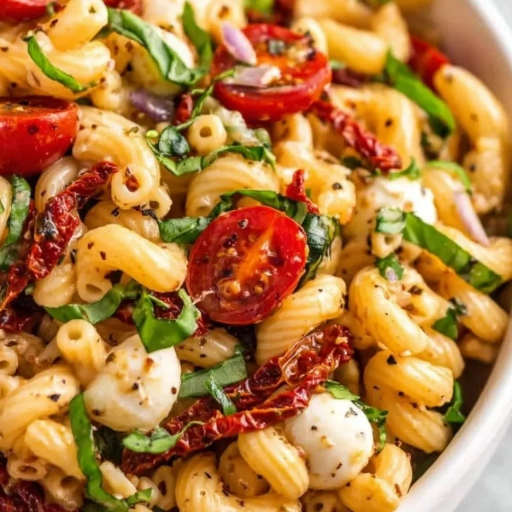 Sun Dried Tomato Pasta Salad with fresh vegetables and herbs