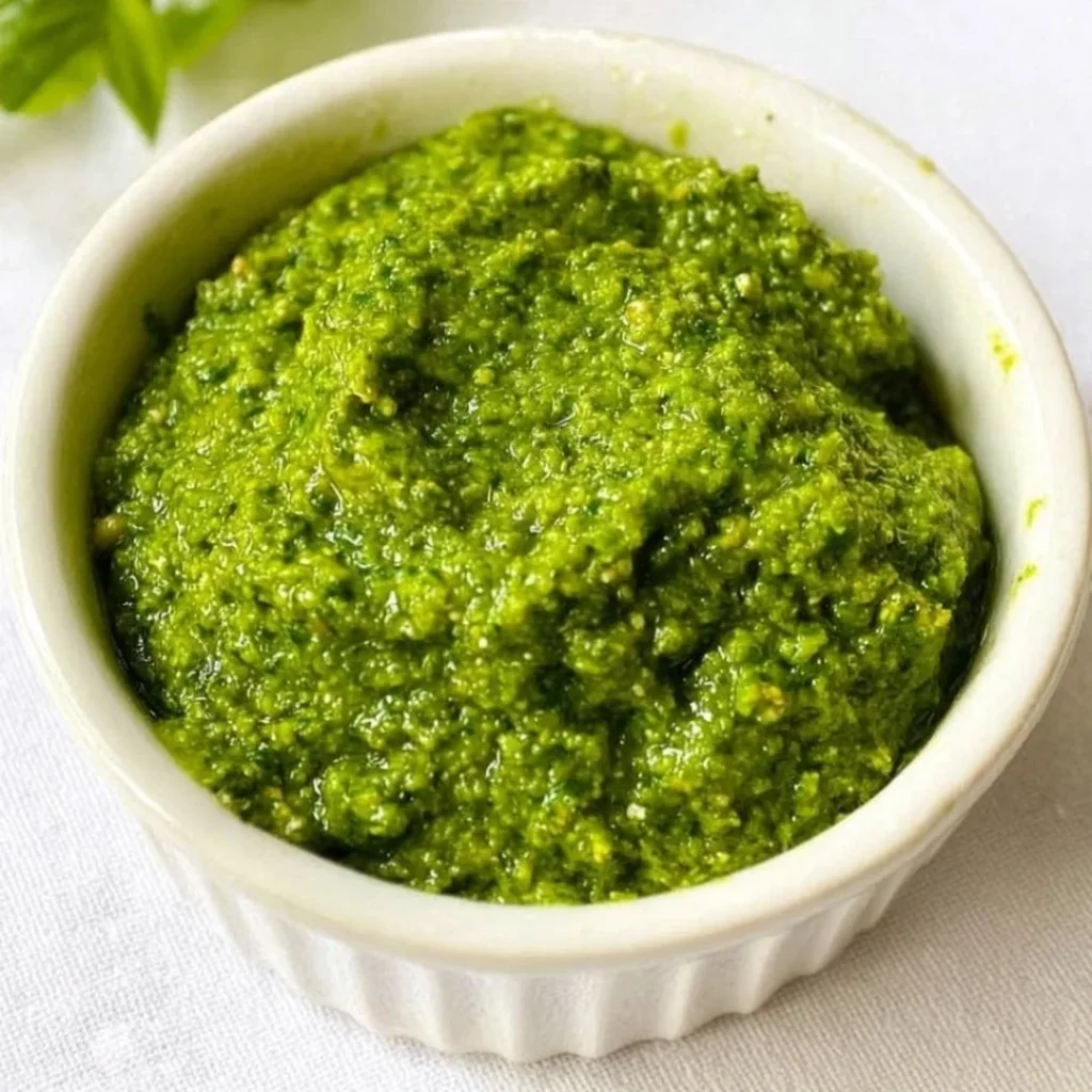Bowl of homemade basic pesto sauce with fresh basil and pine nuts