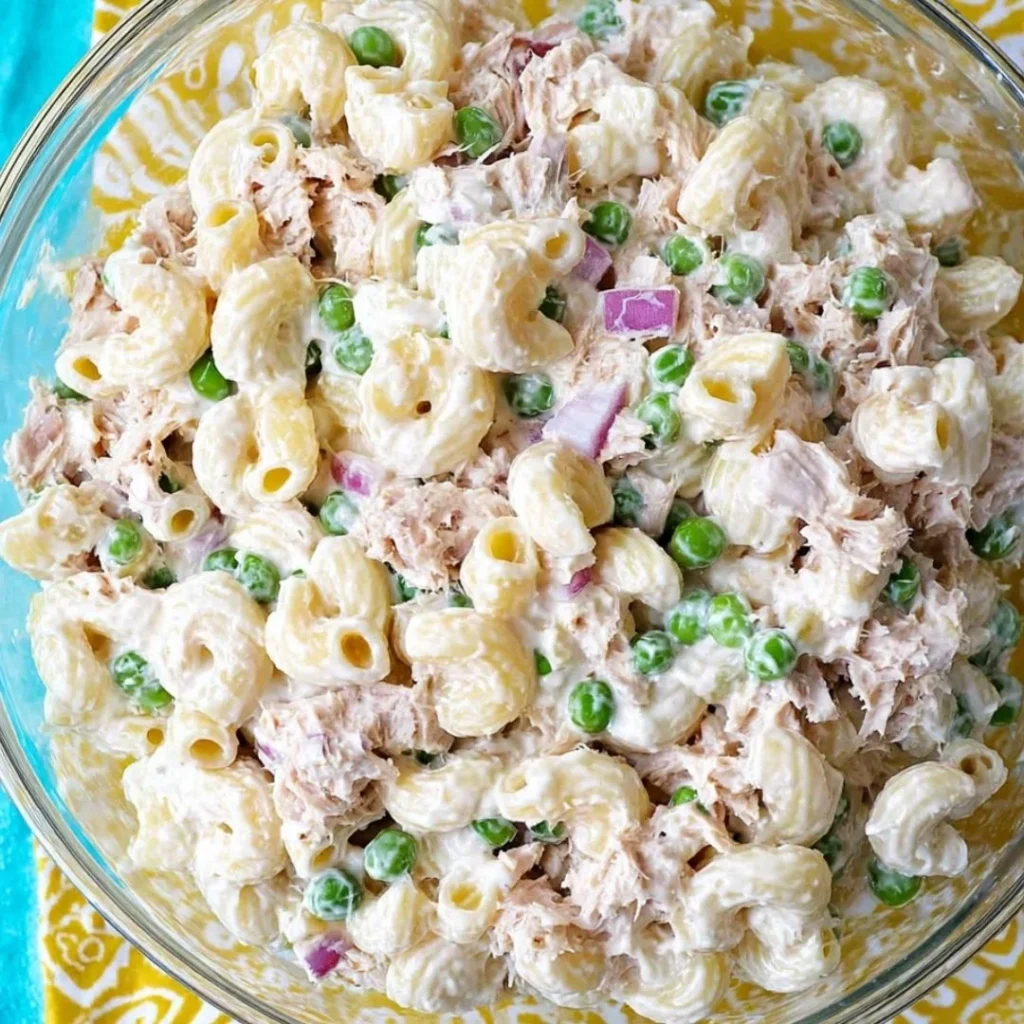 Delicious Tuna Pasta Salad with fresh ingredients and vibrant colors.