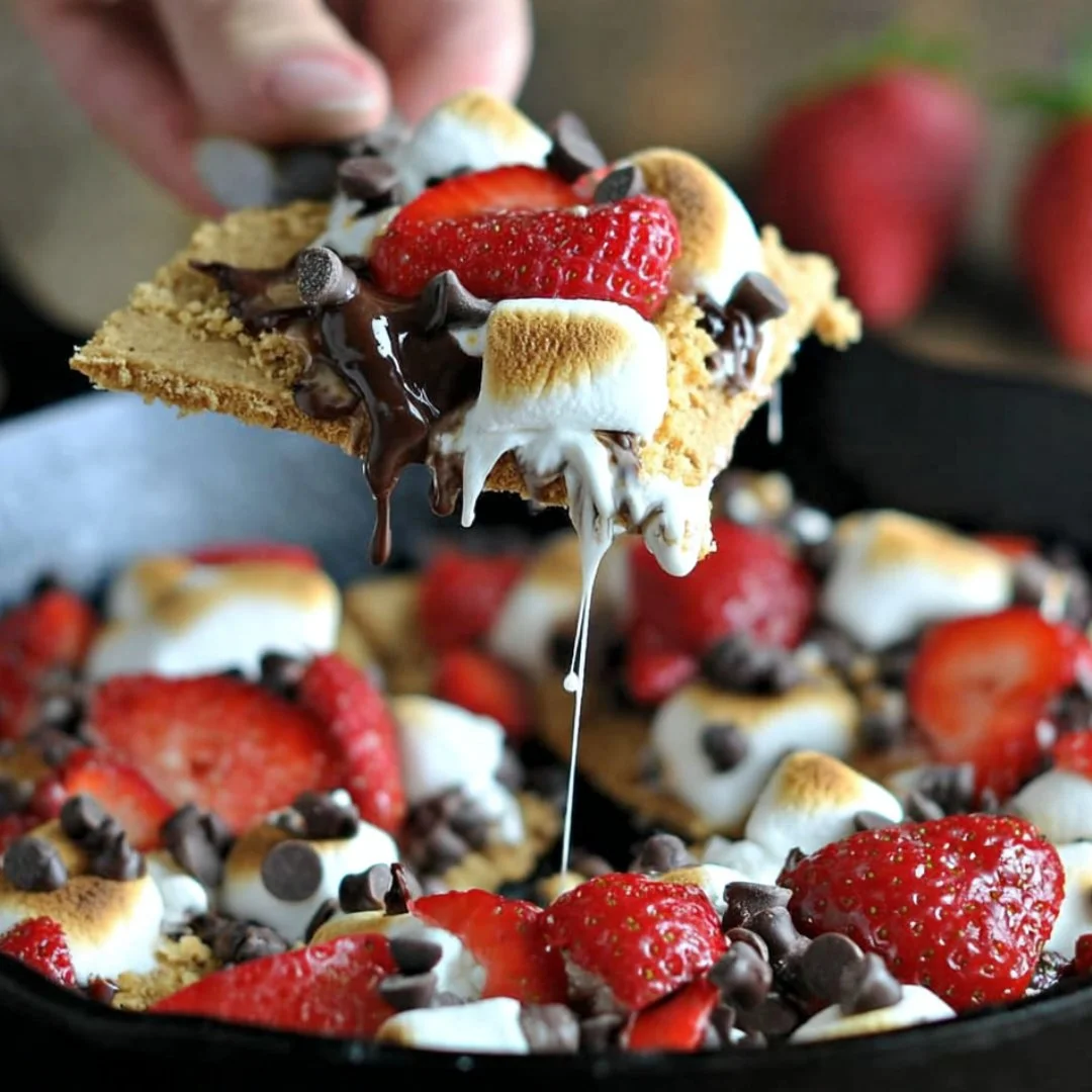 Delicious vegan skillet strawberry s'mores with melted chocolate and fresh strawberries