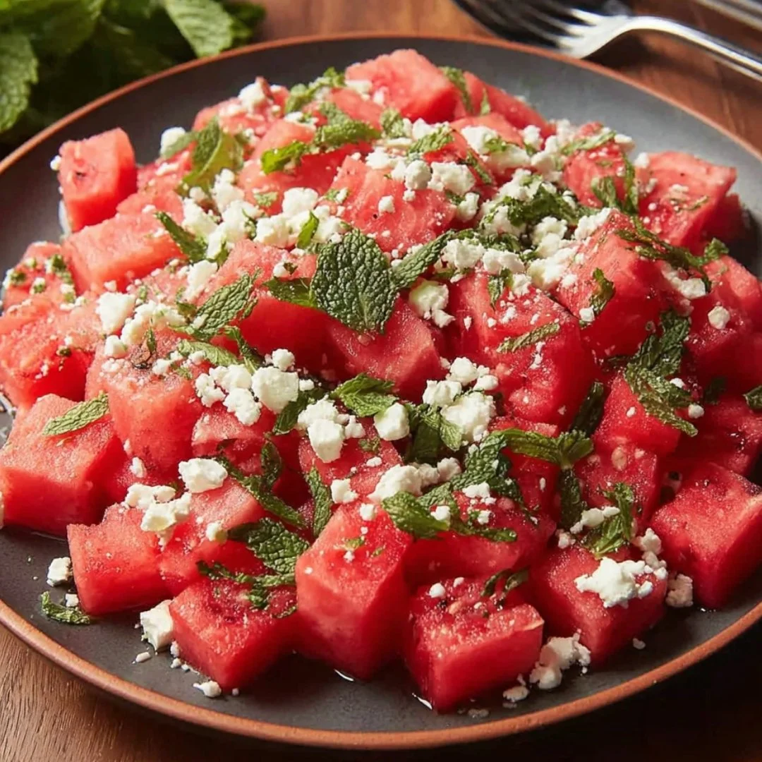 Watermelon Feta Salad with mint and lime served in a bowl