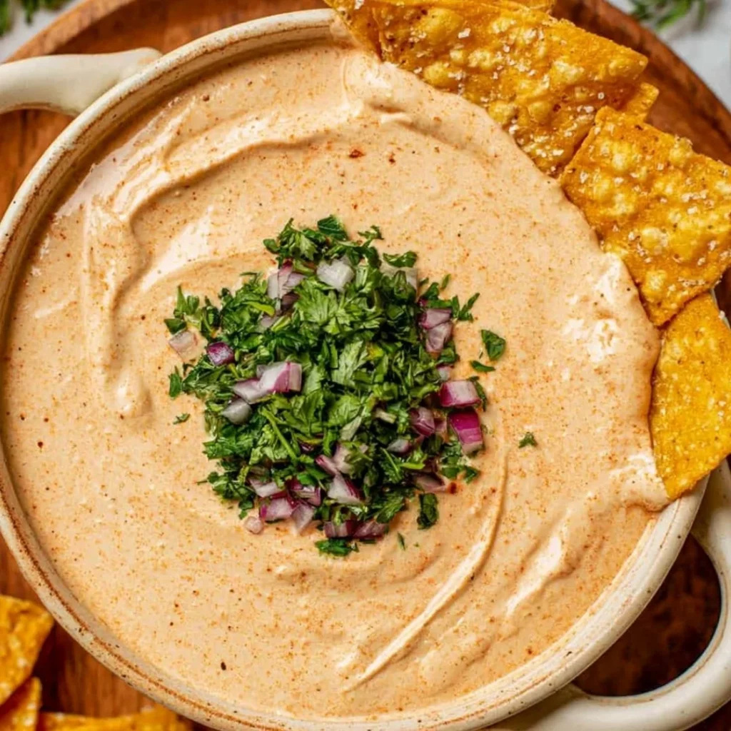 Creamy cottage cheese queso served with tortilla chips