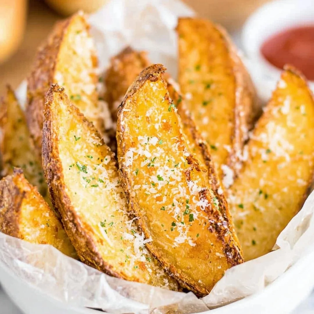 Air fryer potato wedges served with dipping sauce