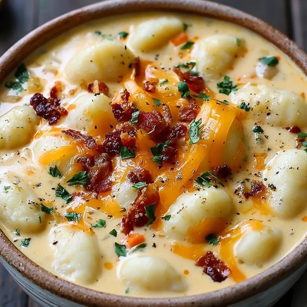 Bowl of Bacon Cheddar Gnocchi Soup garnished with herbs