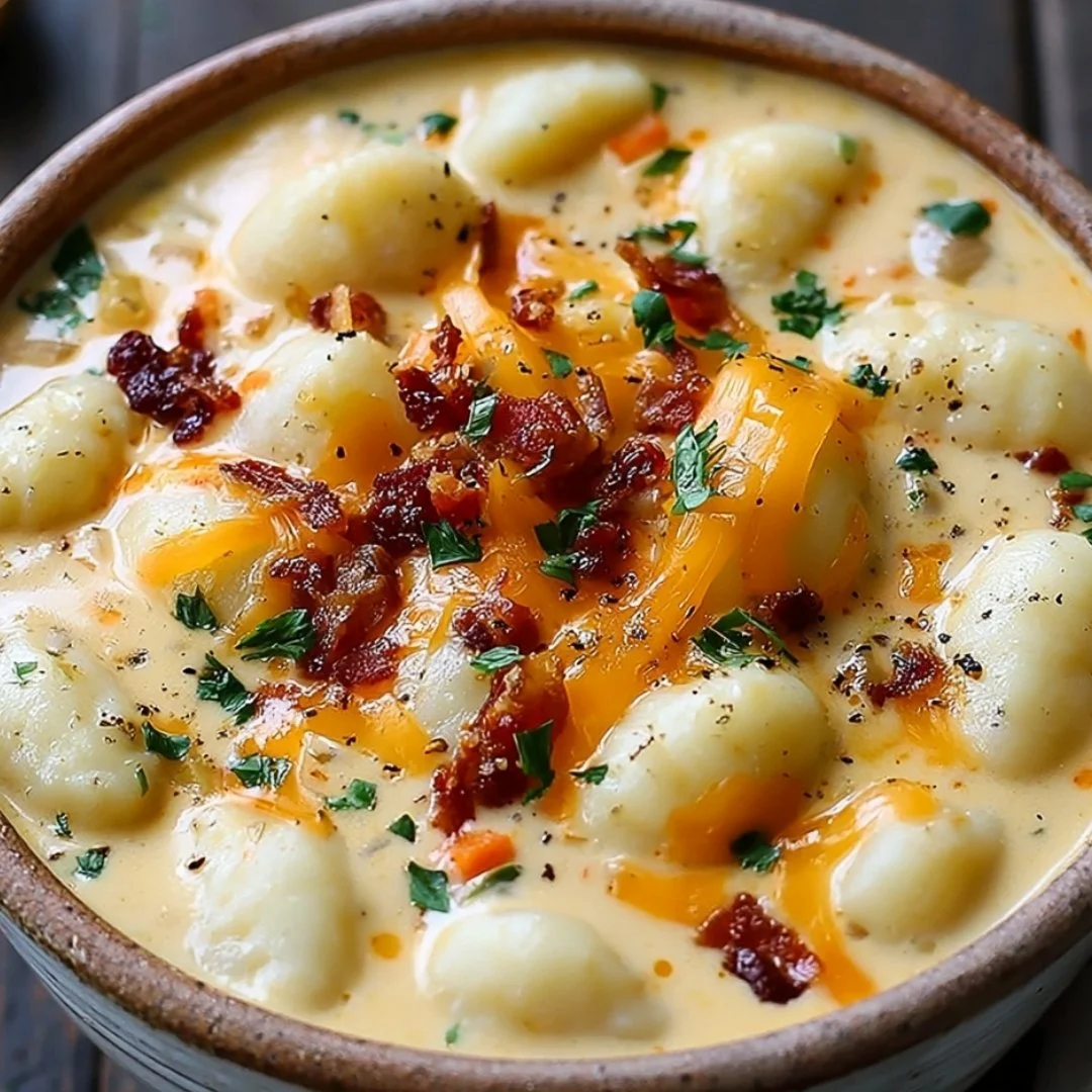 Bowl of Bacon Cheddar Gnocchi Soup garnished with herbs