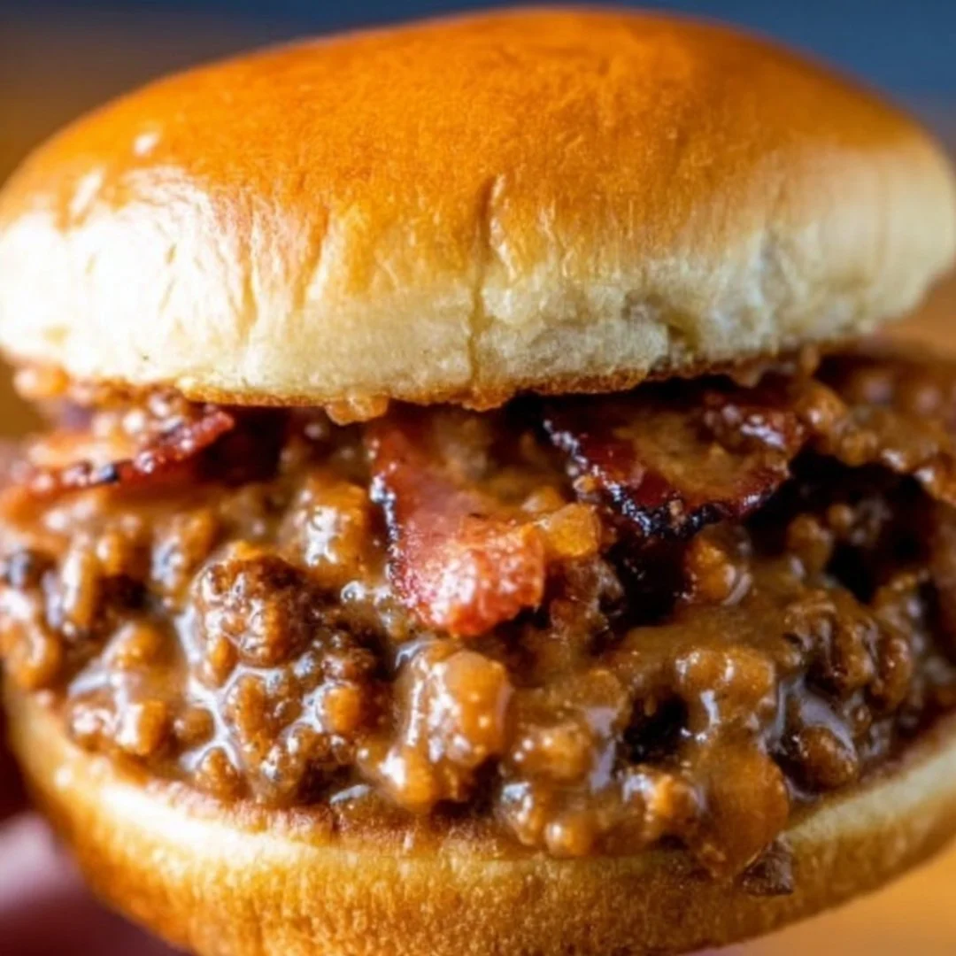 Delicious bacon cheeseburger sloppy joes served on a rustic plate
