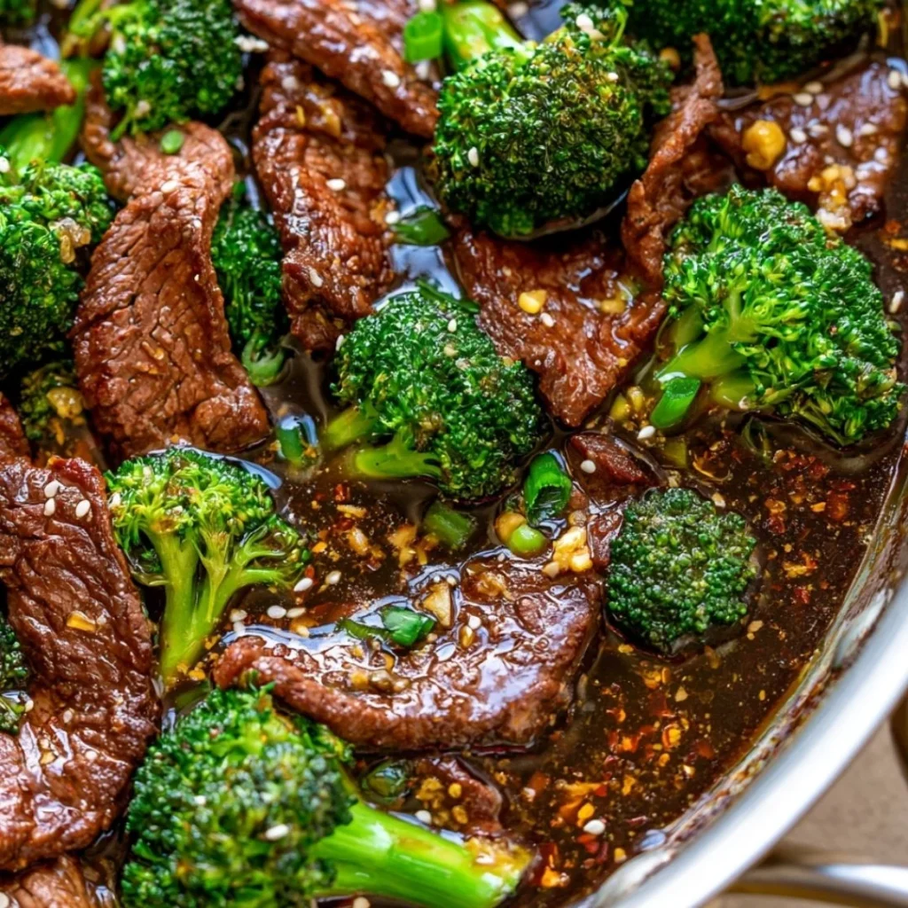 Beef with Broccoli Stir-Fry served with rice on a plate