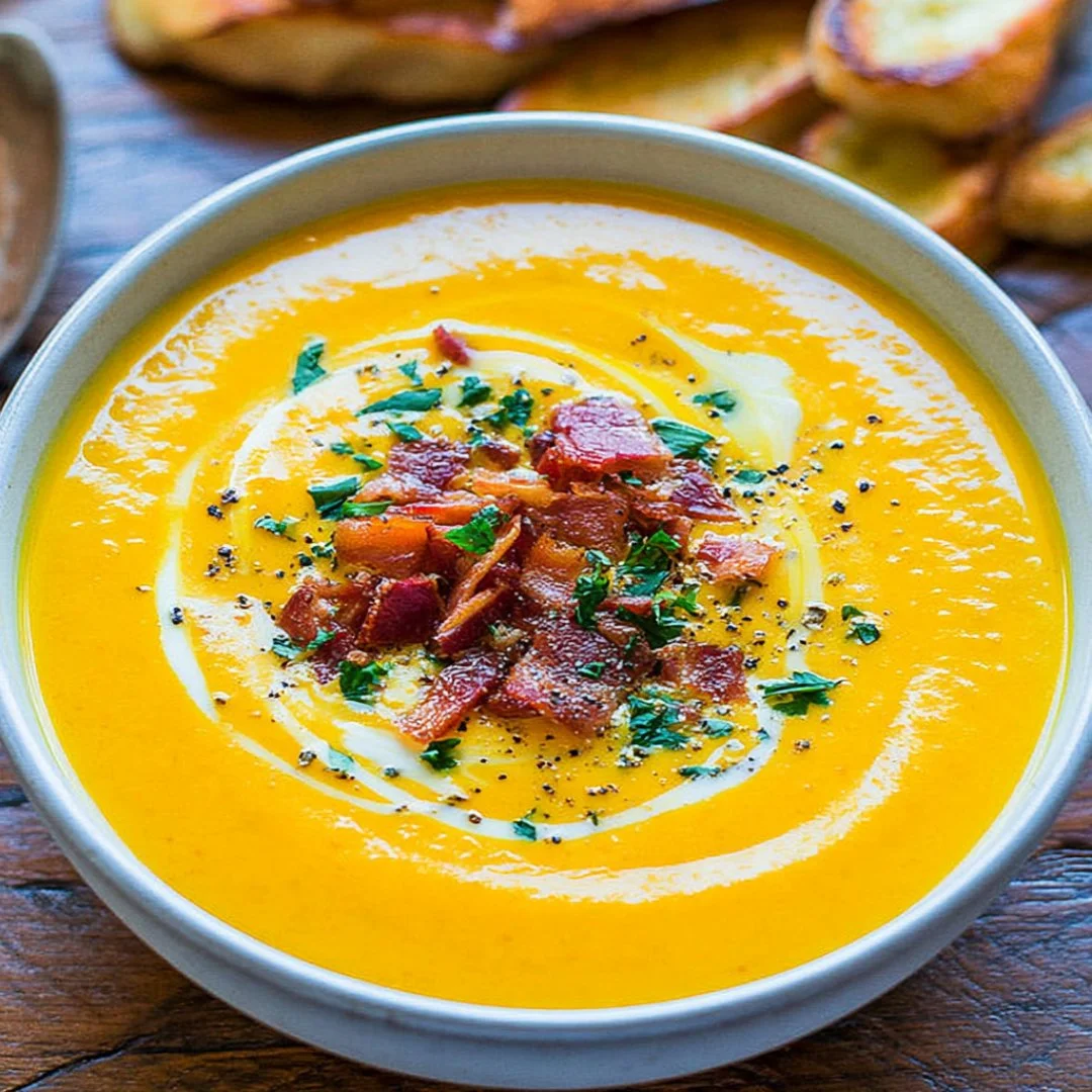 Bowl of creamy carrot soup topped with fresh herbs and spices