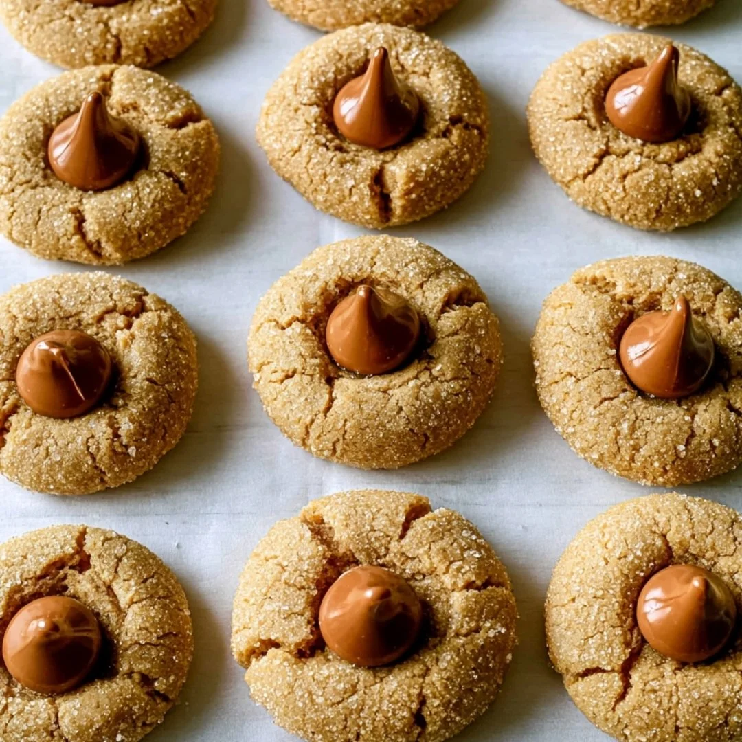 Soft and chewy Peanut Butter Blossoms cookies topped with chocolate Kisses