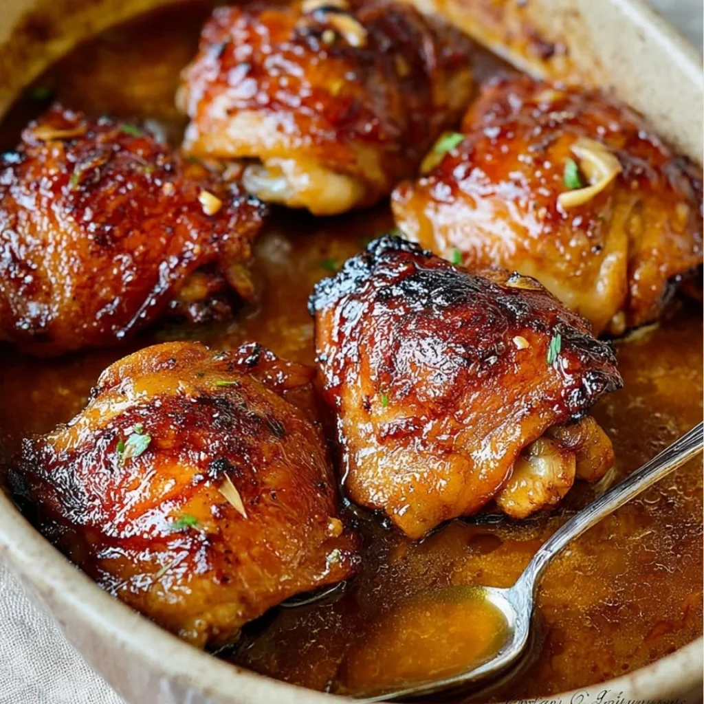 Delicious oven baked chicken thighs ready to serve with sides.