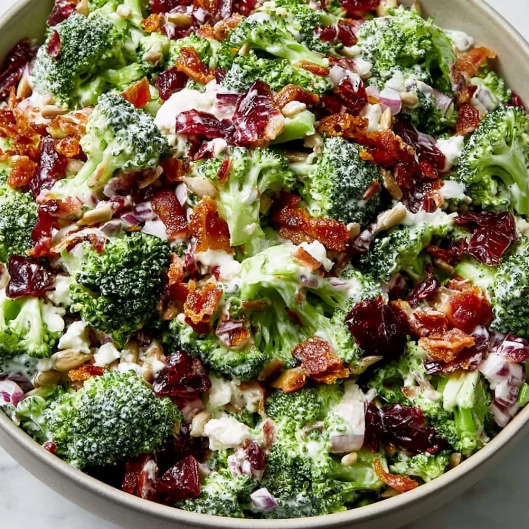 Fresh and colorful Broccoli Salad served in a bowl with vegetables and dressing.