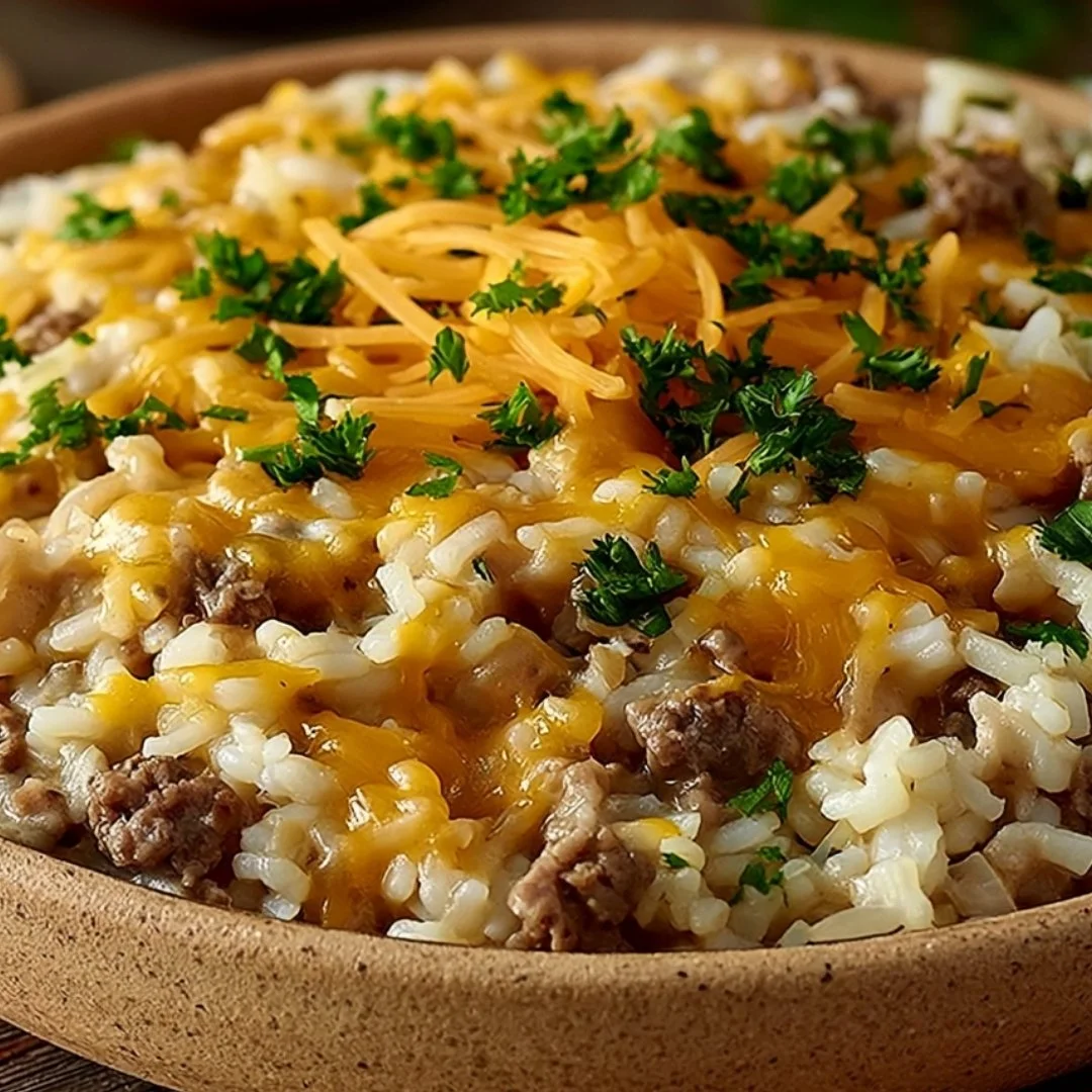 Cheesy hamburger rice casserole served in a baking dish, garnished with herbs.