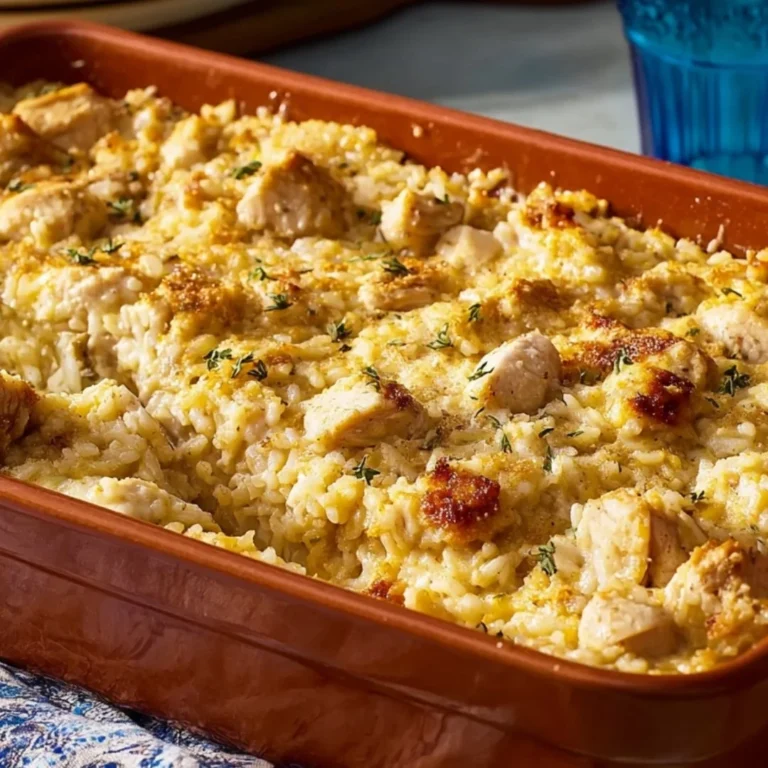 Delicious Chicken and Rice Casserole topped with crispy cheese