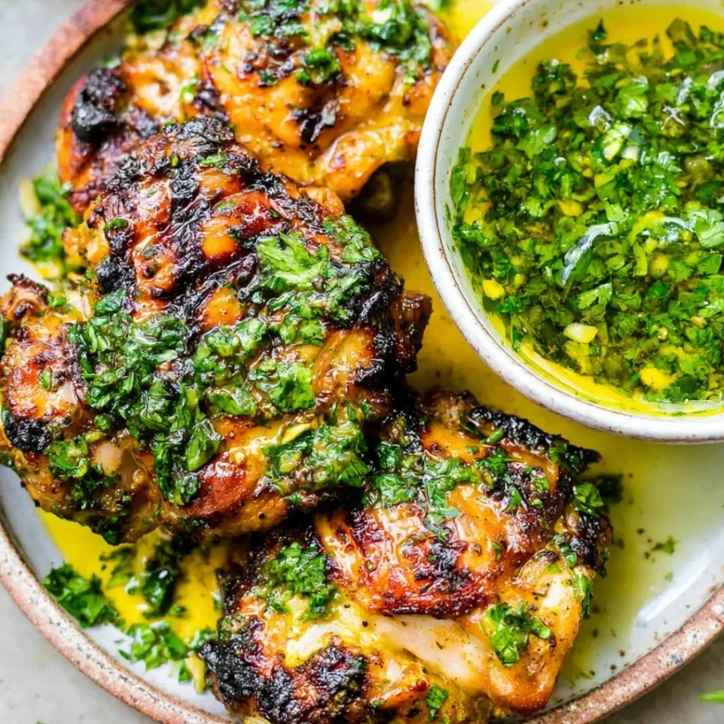 Grilled chimichurri chicken thighs garnished with fresh herbs on a plate