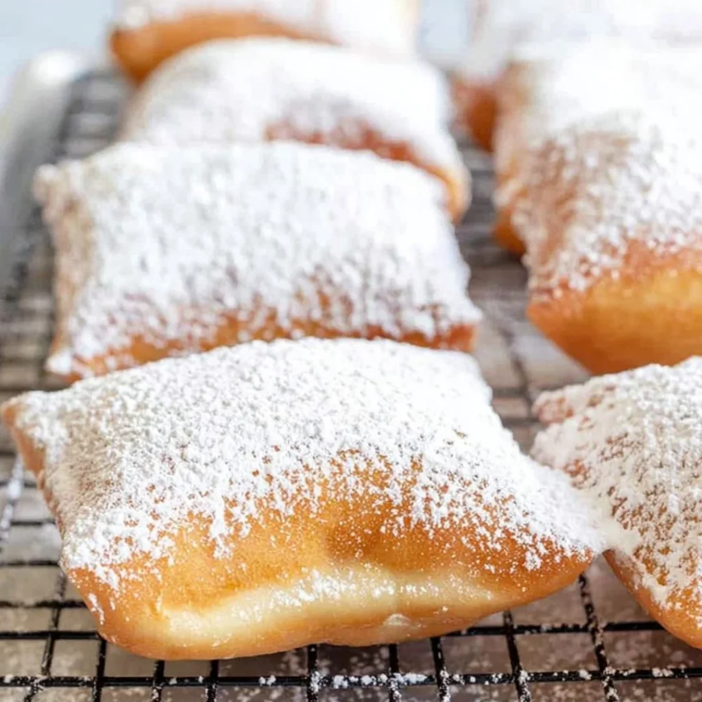 Freshly made classic New Orleans beignets dusted with powdered sugar