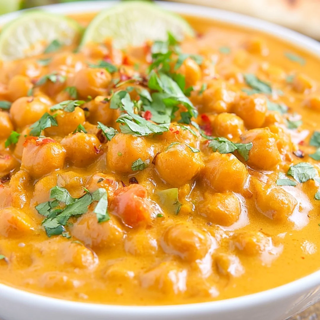 Bowl of coconut curry chickpeas garnished with fresh herbs