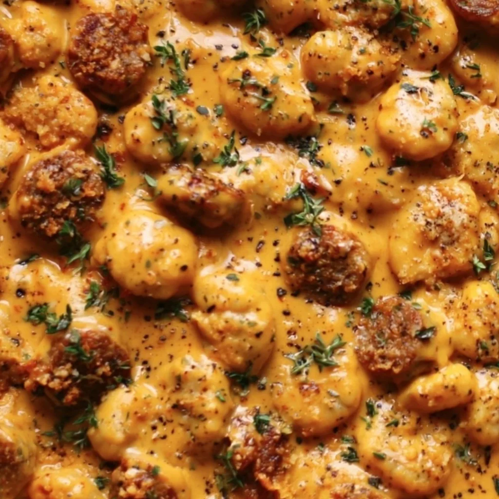 Creamy butternut squash gnocchi with sausage served in a bowl.
