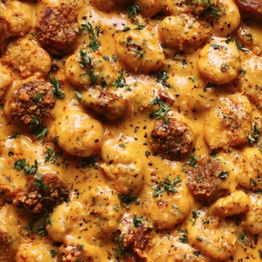 Creamy butternut squash gnocchi with sausage served in a bowl.