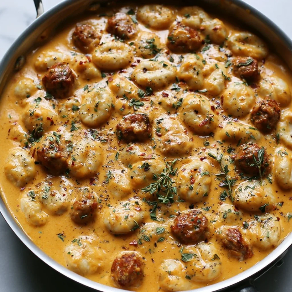 Creamy butternut squash gnocchi topped with sausage and herbs