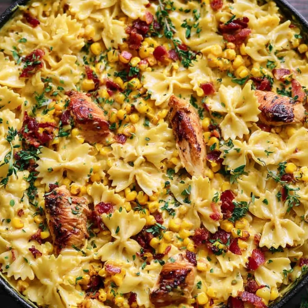 Creamy chicken and corn pasta dish topped with crispy bacon