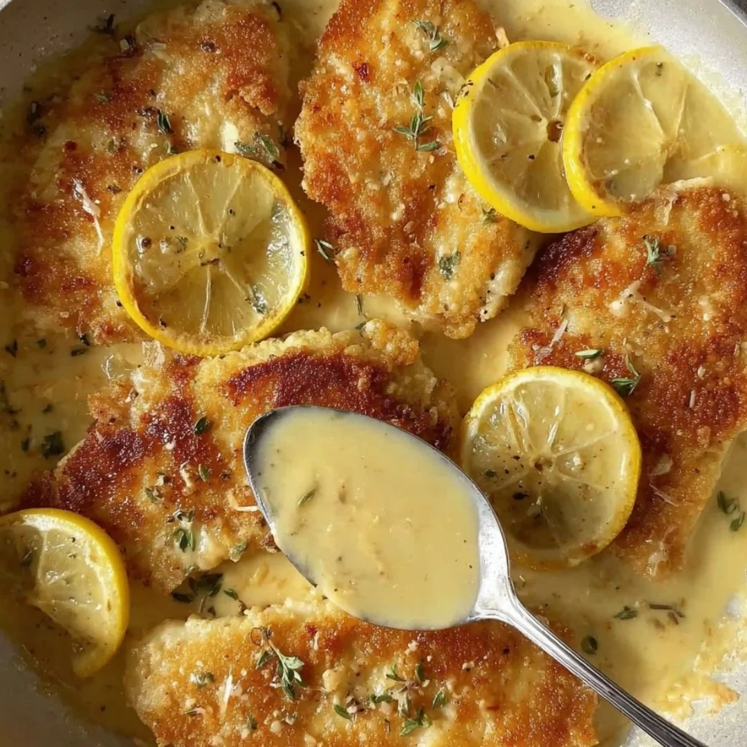 Creamy Chicken Francese served on a plate with lemon slices and herbs.