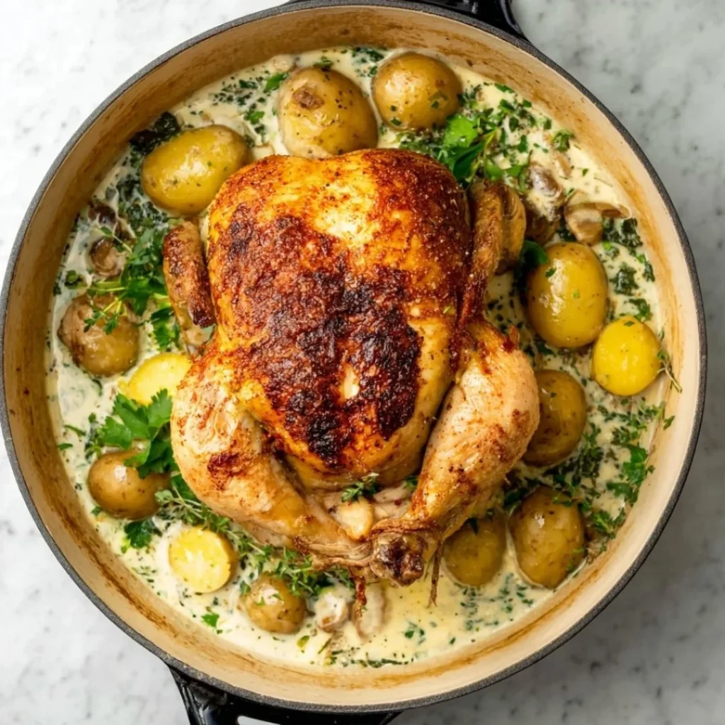 Creamy Dutch oven roast chicken served with herbs and vegetables