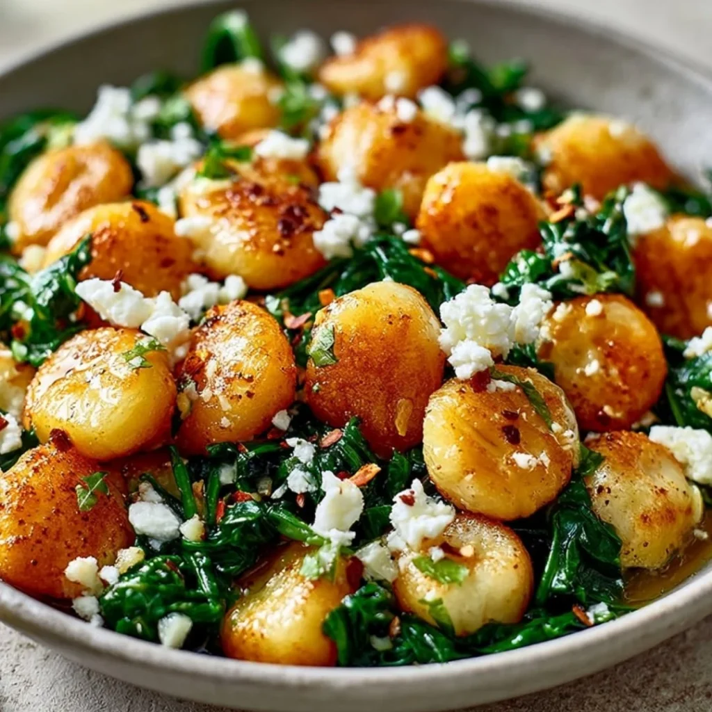 Creamy gnocchi with spinach and feta served in a bowl