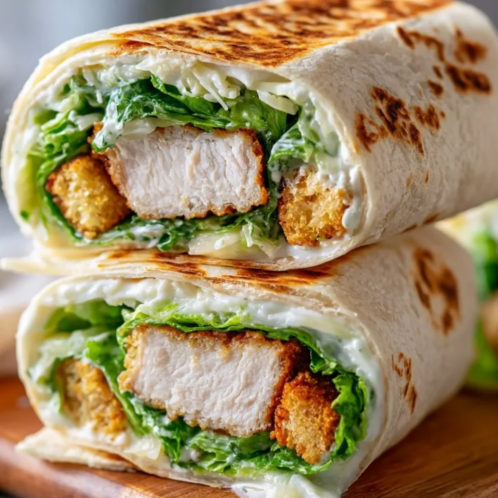 Crispy homemade air fryer chicken Caesar wraps on a plate with fresh ingredients.