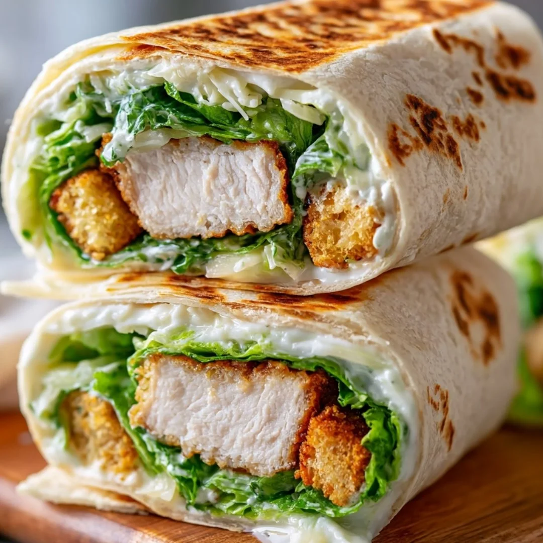 Crispy homemade air fryer chicken Caesar wraps on a plate with fresh ingredients.
