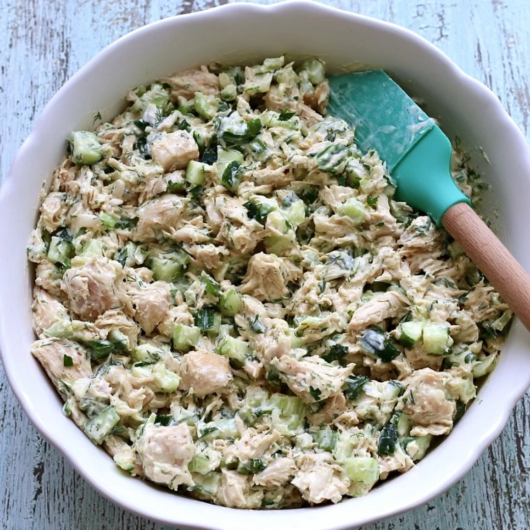 Cucumber Dill Greek Yogurt Rotisserie Chicken Salad served in a bowl