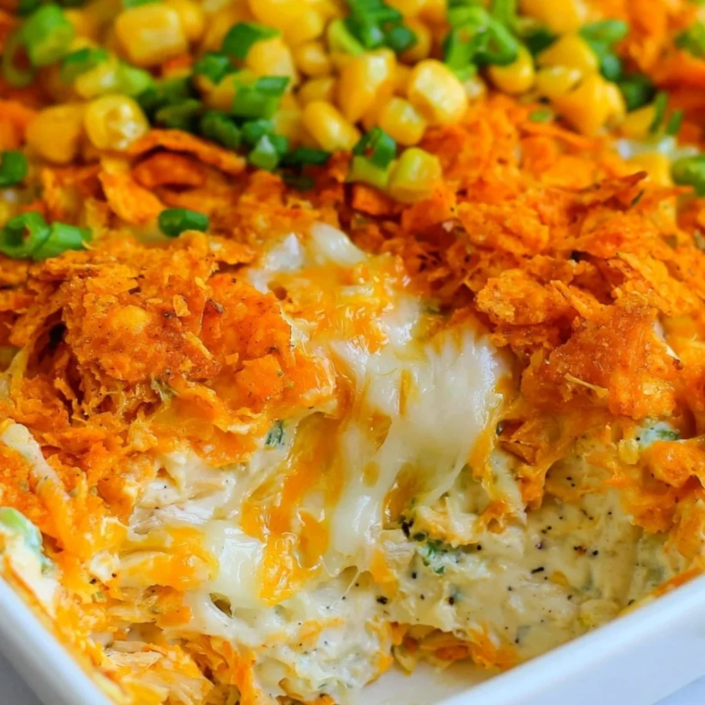 Delicious Doritos casserole with chicken topped with cheese and decorated with cilantro
