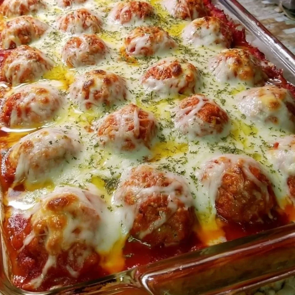 Delicious Dump-and-Bake Meatball Casserole served in a baking dish