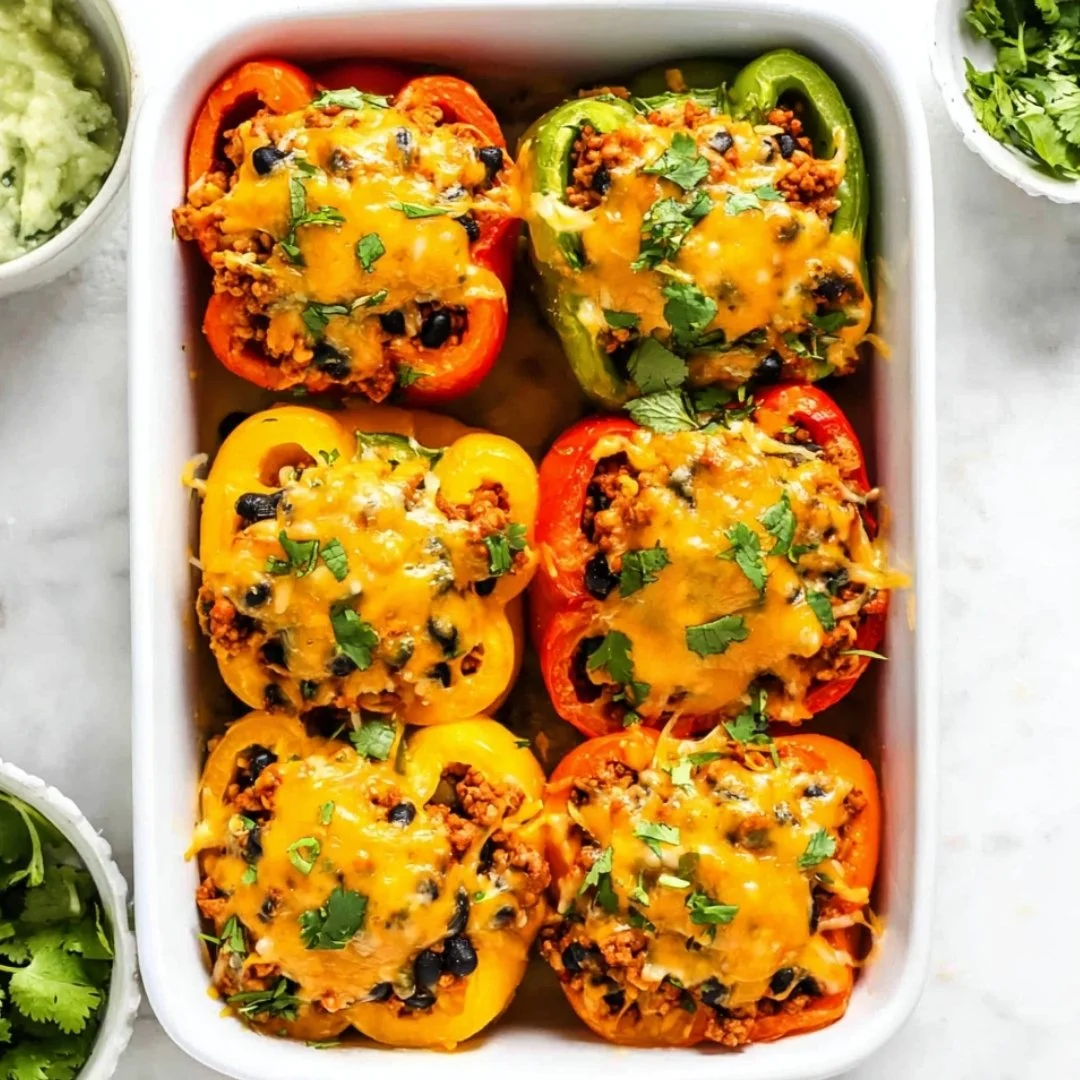 Delicious taco stuffed peppers filled with ground beef, cheese, and spices