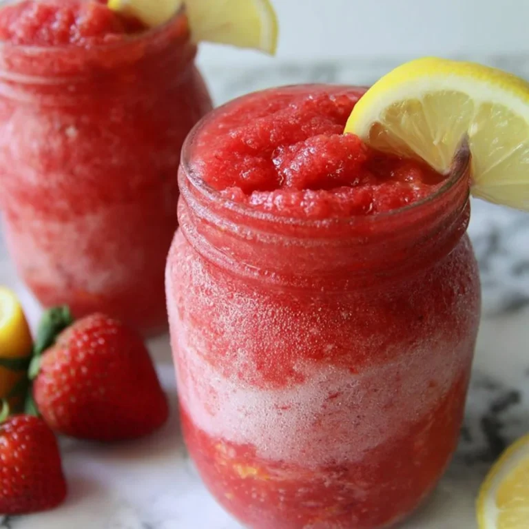 Frozen strawberry lemonade in a glass with fresh strawberries and lemon slices