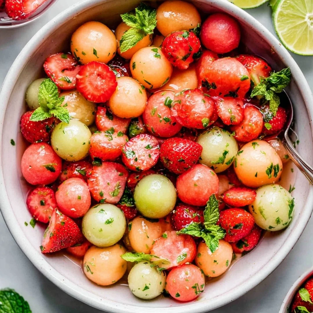 Colorful fruit salad topped with zesty lime mint dressing