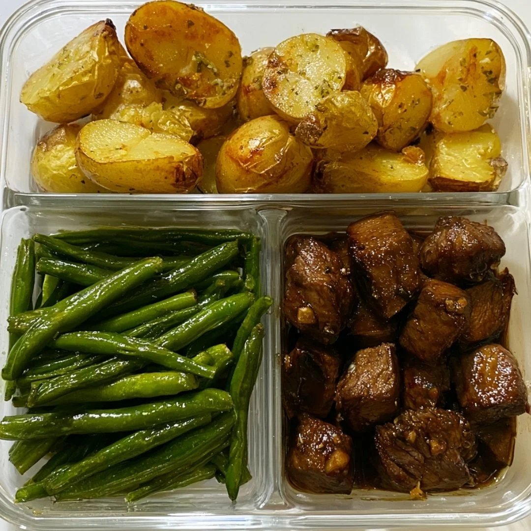 Delicious garlic balsamic steak bites served on a plate with garnish