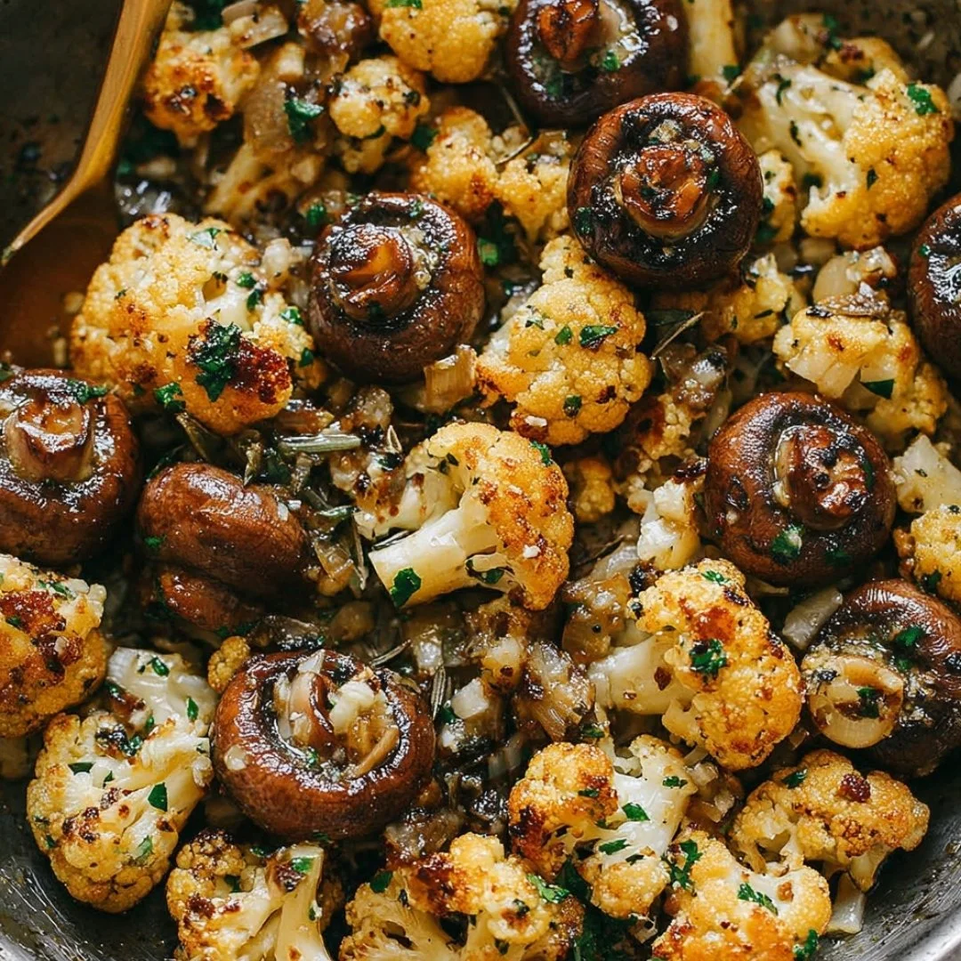 Delicious garlic butter mushrooms and cauliflower skillet dish.