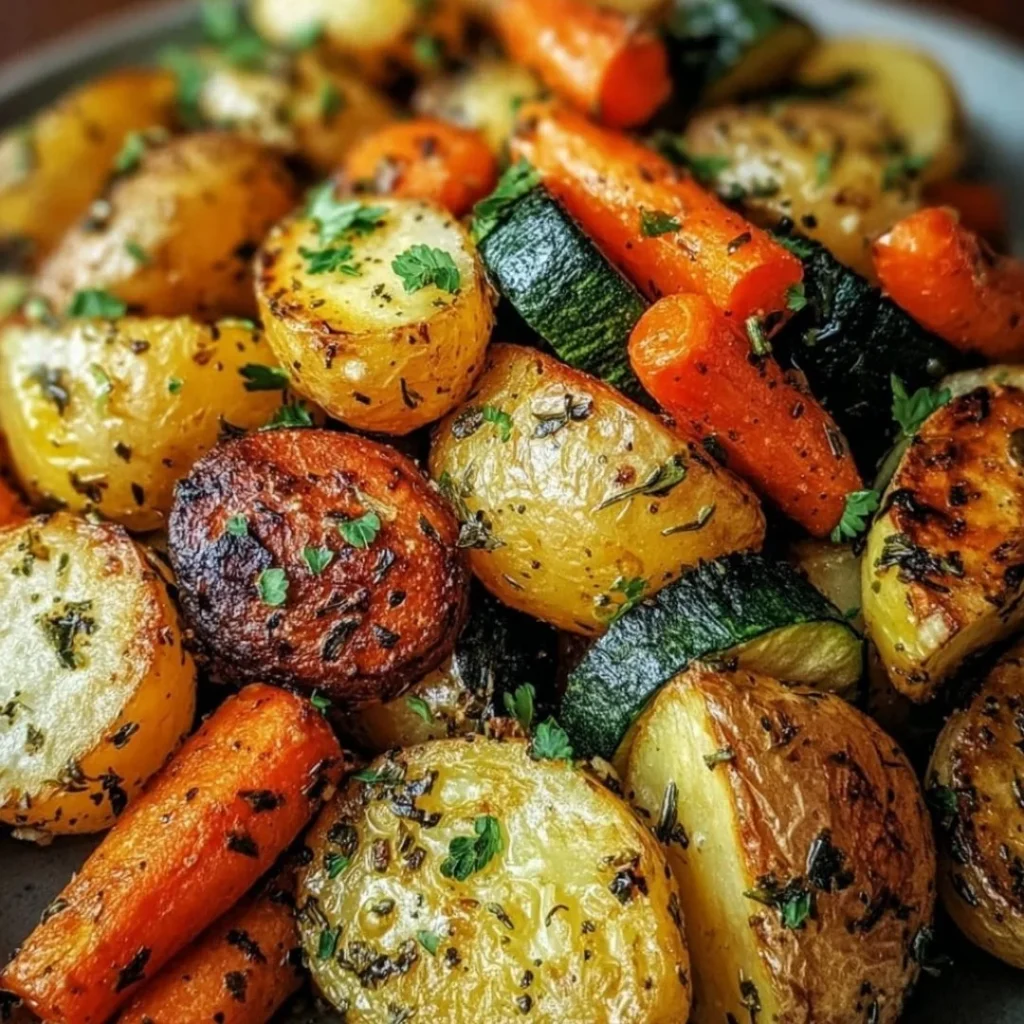 Garlic Herb Roasted Potatoes, Carrots, and Zucchini in a serving dish