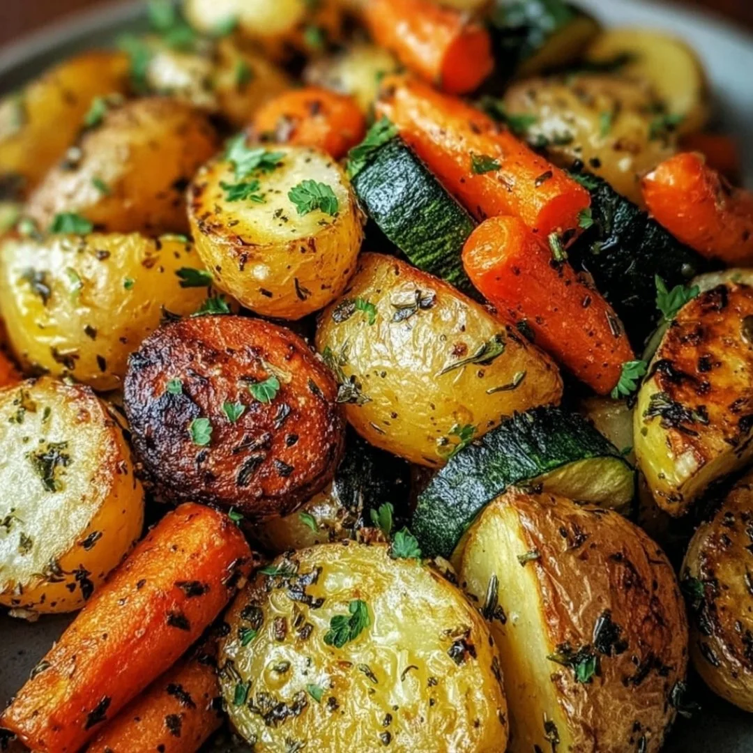 Garlic Herb Roasted Potatoes, Carrots, and Zucchini in a serving dish